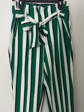 like an angel Green, White & Black Vertical Stripe Tie-Waist Wide Leg Pants